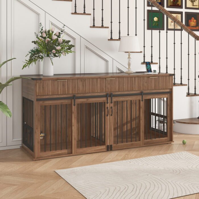 71'' Furniture Style Double Dog Crate  with 3 Fluted Drawers and Waterproof Walnut Woodgrain Tabletop,Large Dog Kennel Furniture with Type-C Power Outlet & Rotating Feeders for Heavy Duty Dogs(White)