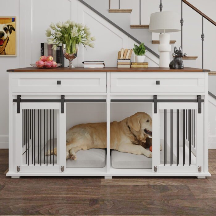 63'' Large Dog Crate Furniture for Double Dog, Wooden Dog Kennel with 2 Drawers,Divider and Sliding Door, Water Resistant Indoor Pets Furniture Style Double Dog Crates