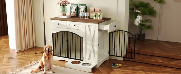 GO 43.3" Farmhouse Dog Crate Furniture, Heavy Duty Dog Crate with 3 Drawers, Indoor Wooden Dog Kennel with Removable Feeder, Dog Cage End Table for  Medium Large Dogs, White