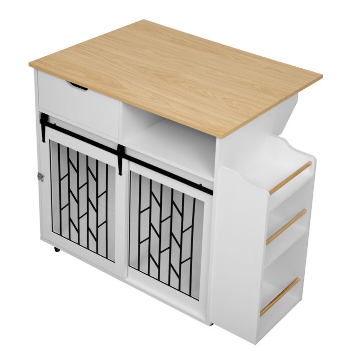 2 IN 1 Modern Dog Crate Kitchen Island With Storage for Small-sized Dogs up to 40lbs, 33.8" L, Cream White Dog Furniture End Table  with Wheels