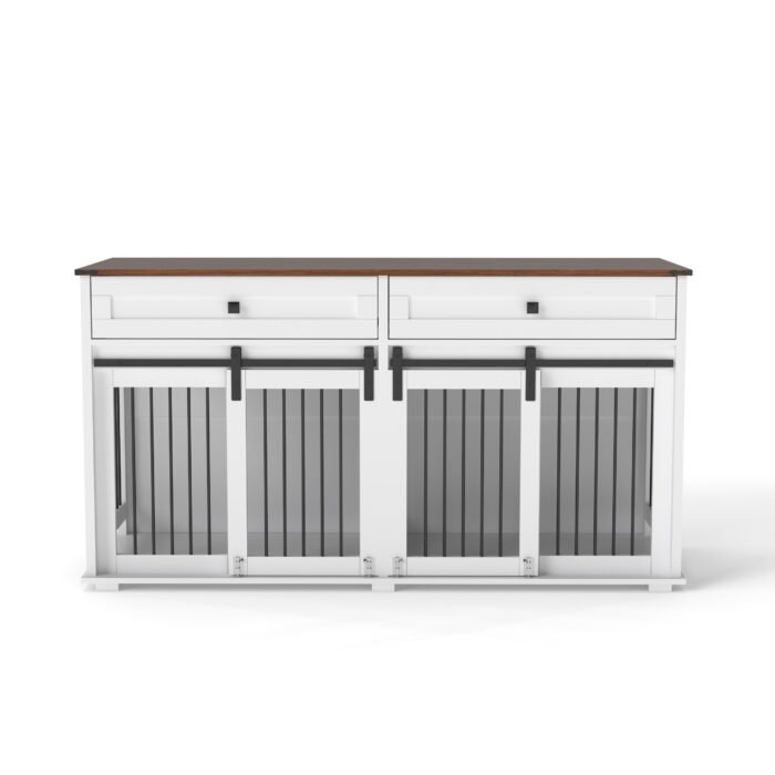 63'' Large Dog Crate Furniture for Double Dog, Wooden Dog Kennel with 2 Drawers,Divider and Sliding Door, Water Resistant Indoor Pets Furniture Style Double Dog Crates