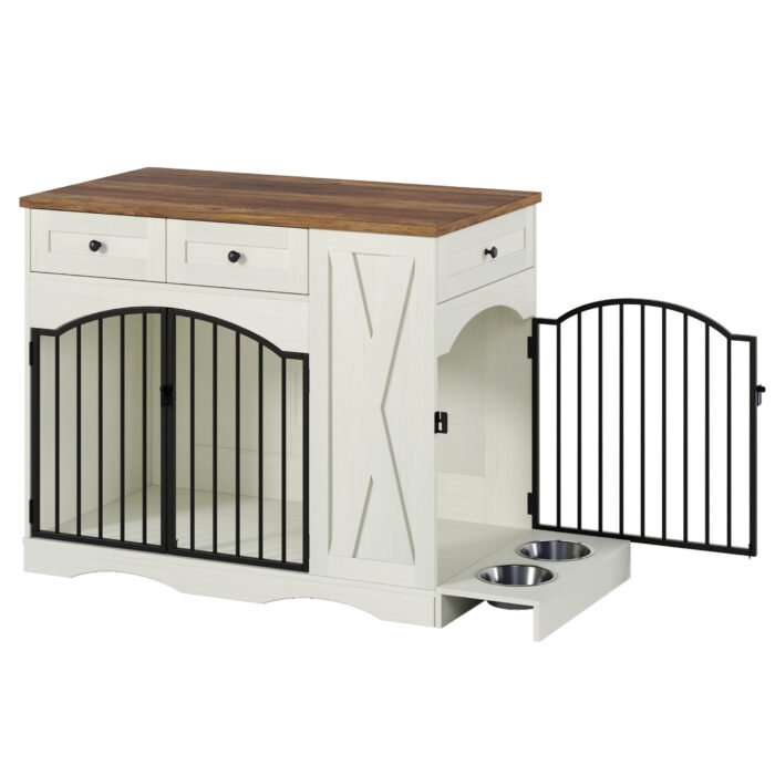 GO 43.3" Farmhouse Dog Crate Furniture, Heavy Duty Dog Crate with 3 Drawers, Indoor Wooden Dog Kennel with Removable Feeder, Dog Cage End Table for  Medium Large Dogs, White