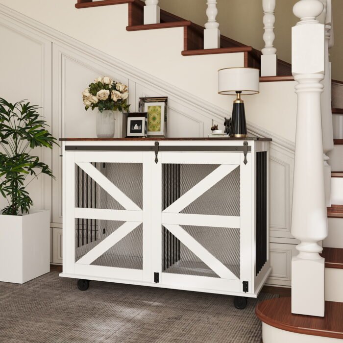 63'' Large Dog Crate Furniture for Double Dog, Wooden Dog Kennel with 2 Drawers,Divider and Sliding Door, Water Resistant Indoor Pets Furniture Style Double Dog Crates