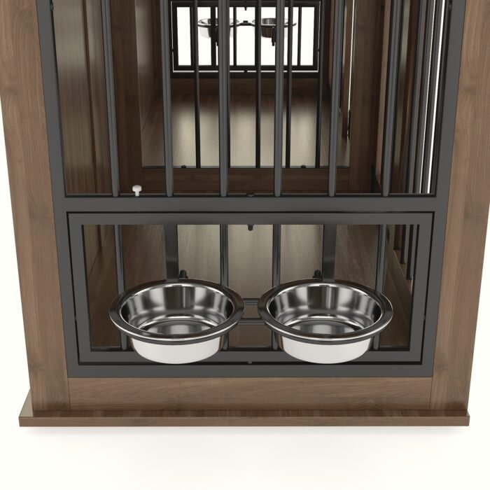 71'' Furniture Style Double Dog Crate  with 3 Fluted Drawers and Waterproof Walnut Woodgrain Tabletop,Large Dog Kennel Furniture with Type-C Power Outlet & Rotating Feeders for Heavy Duty Dogs(White)