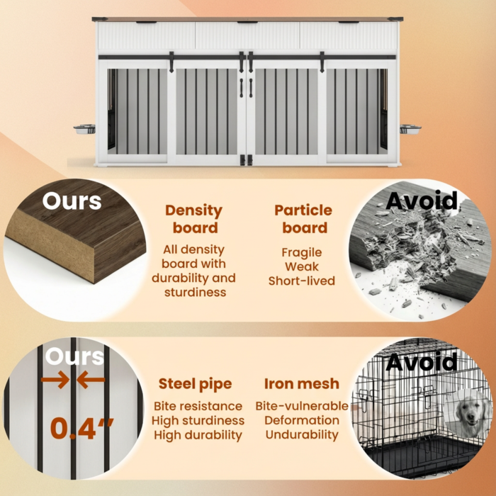 71'' Furniture Style Double Dog Crate  with 3 Fluted Drawers and Waterproof Walnut Woodgrain Tabletop,Large Dog Kennel Furniture with Type-C Power Outlet & Rotating Feeders for Heavy Duty Dogs(White)