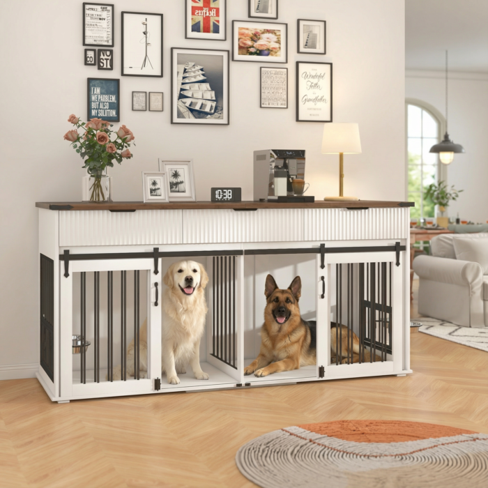 71'' Furniture Style Double Dog Crate  with 3 Fluted Drawers and Waterproof Walnut Woodgrain Tabletop,Large Dog Kennel Furniture with Type-C Power Outlet & Rotating Feeders for Heavy Duty Dogs(White)