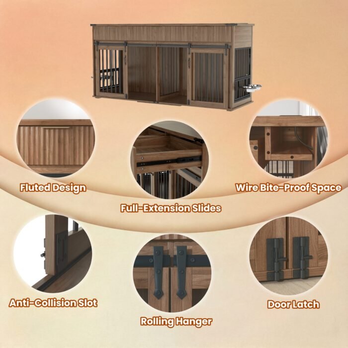 71'' Furniture Style Double Dog Crate  with 3 Fluted Drawers and Waterproof Walnut Woodgrain Tabletop,Large Dog Kennel Furniture with Type-C Power Outlet & Rotating Feeders for Heavy Duty Dogs(White)