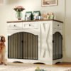 GO 43.3" Farmhouse Dog Crate Furniture, Heavy Duty Dog Crate with 3 Drawers, Indoor Wooden Dog Kennel with Removable Feeder, Dog Cage End Table for  Medium Large Dogs, White