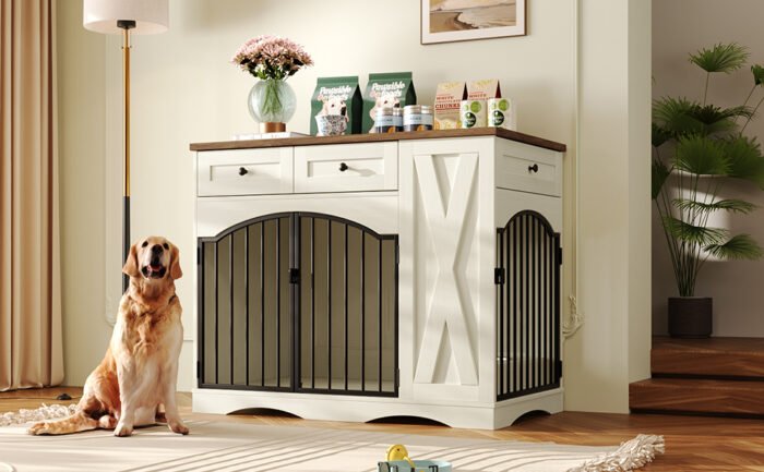 GO 43.3" Farmhouse Dog Crate Furniture, Heavy Duty Dog Crate with 3 Drawers, Indoor Wooden Dog Kennel with Removable Feeder, Dog Cage End Table for  Medium Large Dogs, White