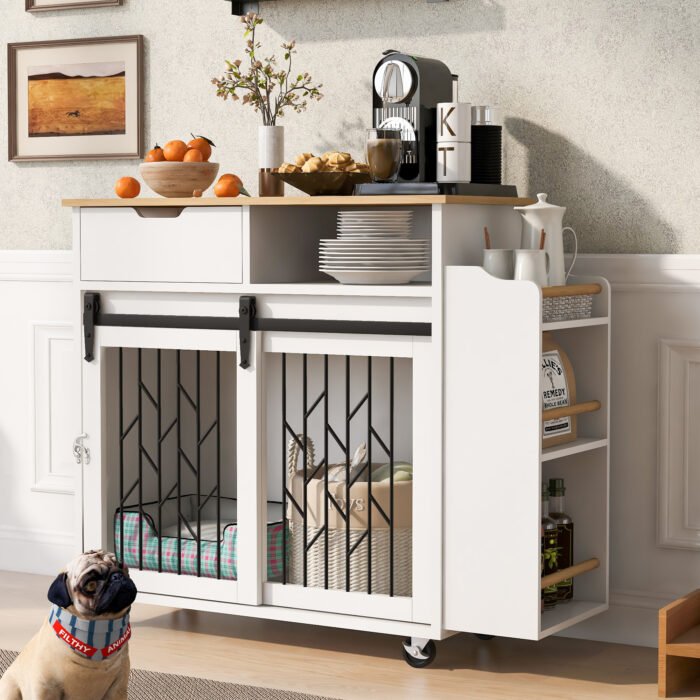 2 IN 1 Modern Dog Crate Kitchen Island With Storage for Small-sized Dogs up to 40lbs, 33.8" L, Cream White Dog Furniture End Table  with Wheels