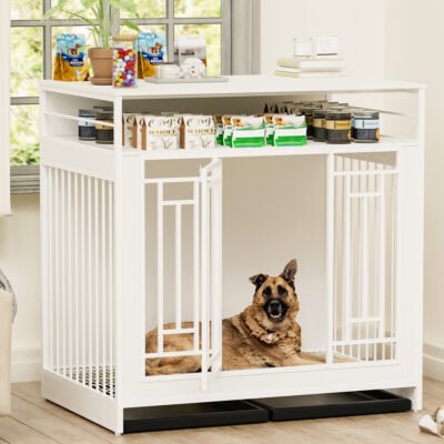 49035f6e0085c48769d7f12ed59386d2 43.3 inch Dog Crate Furniture for Large Dogs,Wooden Dog Crate with Divider,Double Door Dog Kennel with Three Drawers Storages,Heavy Duty Dogs Decorative Pet House for Large Medium Dogs ,White