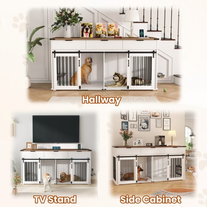 71'' Furniture Style Double Dog Crate  with 3 Fluted Drawers and Waterproof Walnut Woodgrain Tabletop,Large Dog Kennel Furniture with Type-C Power Outlet & Rotating Feeders for Heavy Duty Dogs(White)