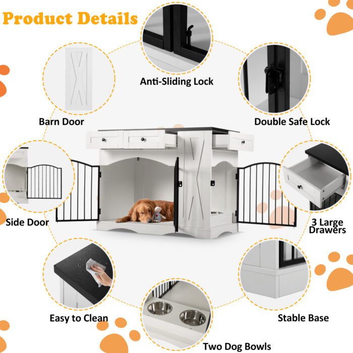 GO 43.3" Farmhouse Dog Crate Furniture, Heavy Duty Dog Crate with 3 Drawers, Indoor Wooden Dog Kennel with Removable Feeder, Dog Cage End Table for  Medium Large Dogs, White