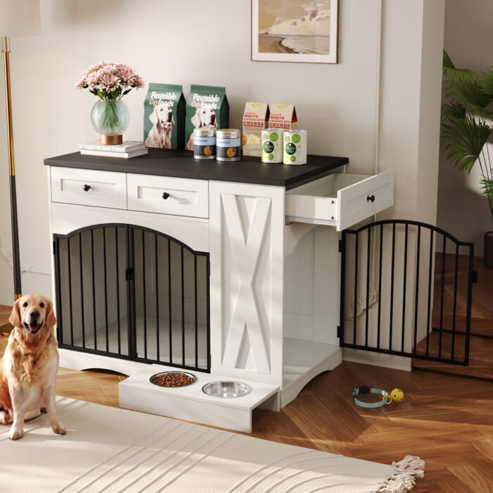 GO 43.3" Farmhouse Dog Crate Furniture, Heavy Duty Dog Crate with 3 Drawers, Indoor Wooden Dog Kennel with Removable Feeder, Dog Cage End Table for  Medium Large Dogs, White