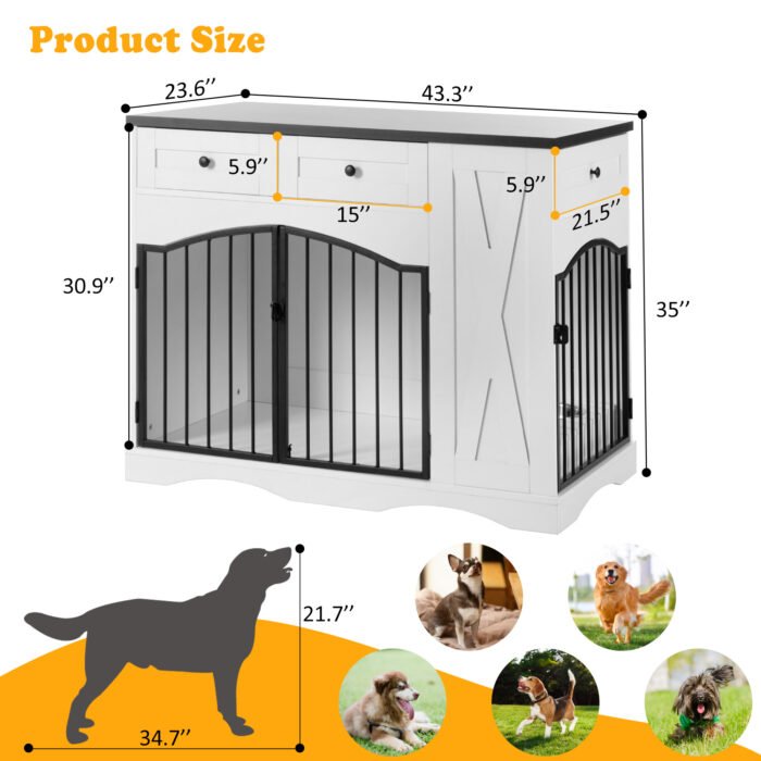 GO 43.3" Farmhouse Dog Crate Furniture, Heavy Duty Dog Crate with 3 Drawers, Indoor Wooden Dog Kennel with Removable Feeder, Dog Cage End Table for  Medium Large Dogs, White
