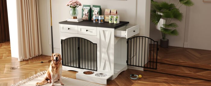 GO 43.3" Farmhouse Dog Crate Furniture, Heavy Duty Dog Crate with 3 Drawers, Indoor Wooden Dog Kennel with Removable Feeder, Dog Cage End Table for  Medium Large Dogs, White