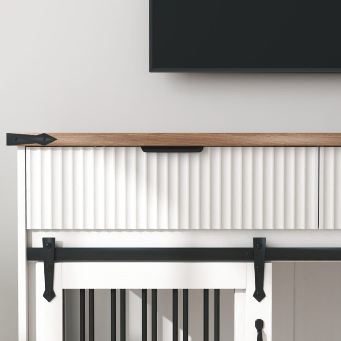 71'' Furniture Style Double Dog Crate  with 3 Fluted Drawers and Waterproof Walnut Woodgrain Tabletop,Large Dog Kennel Furniture with Type-C Power Outlet & Rotating Feeders for Heavy Duty Dogs(White)