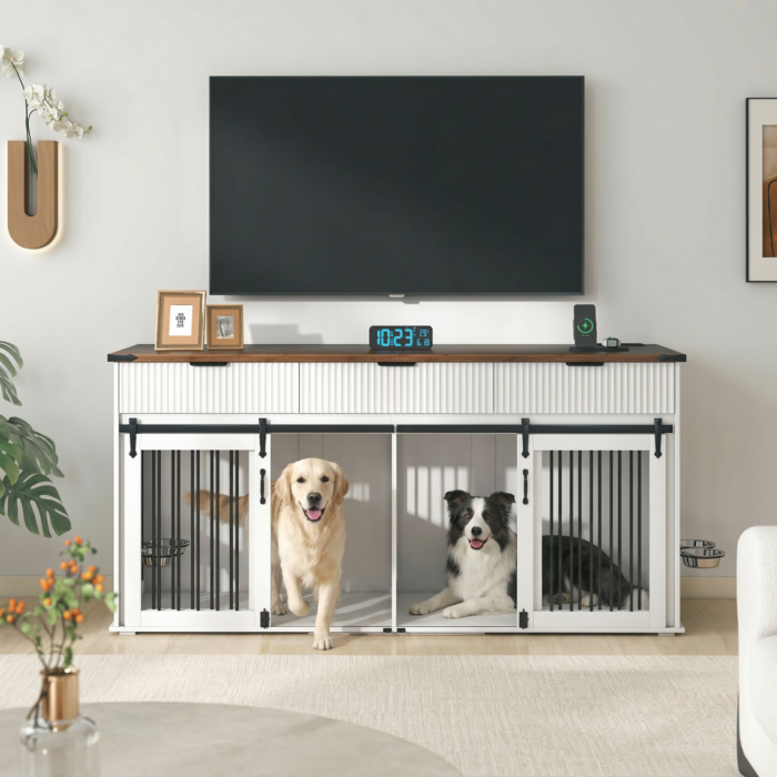 71'' Furniture Style Double Dog Crate  with 3 Fluted Drawers and Waterproof Walnut Woodgrain Tabletop,Large Dog Kennel Furniture with Type-C Power Outlet & Rotating Feeders for Heavy Duty Dogs(White)