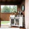 2 IN 1 Modern Dog Crate Kitchen Island With Storage for Small-sized Dogs up to 40lbs, 33.8" L, Cream White Dog Furniture End Table  with Wheels