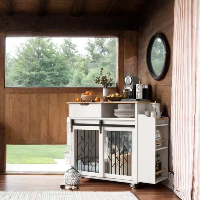 2 IN 1 Modern Dog Crate Kitchen Island With Storage for Small-sized Dogs up to 40lbs, 33.8" L, Cream White Dog Furniture End Table  with Wheels