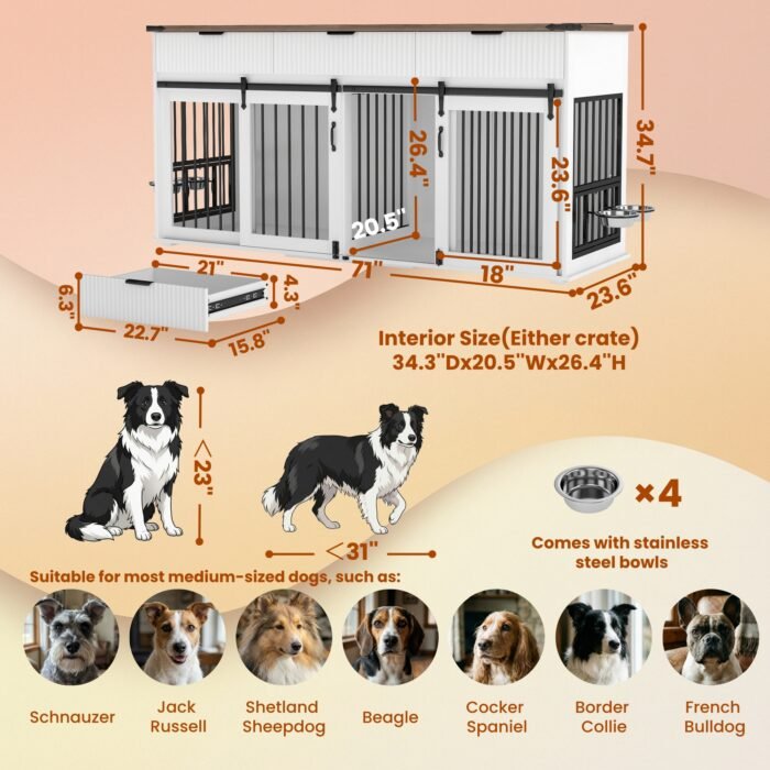 71'' Furniture Style Double Dog Crate  with 3 Fluted Drawers and Waterproof Walnut Woodgrain Tabletop,Large Dog Kennel Furniture with Type-C Power Outlet & Rotating Feeders for Heavy Duty Dogs(White)