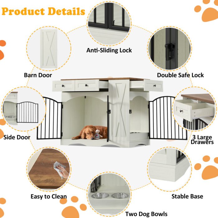 GO 43.3" Farmhouse Dog Crate Furniture, Heavy Duty Dog Crate with 3 Drawers, Indoor Wooden Dog Kennel with Removable Feeder, Dog Cage End Table for  Medium Large Dogs, White