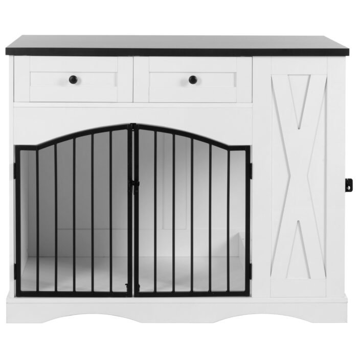 GO 43.3" Farmhouse Dog Crate Furniture, Heavy Duty Dog Crate with 3 Drawers, Indoor Wooden Dog Kennel with Removable Feeder, Dog Cage End Table for  Medium Large Dogs, White