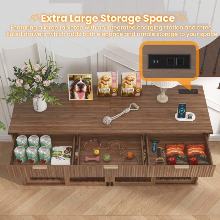 71'' Furniture Style Double Dog Crate  with 3 Fluted Drawers and Waterproof Walnut Woodgrain Tabletop,Large Dog Kennel Furniture with Type-C Power Outlet & Rotating Feeders for Heavy Duty Dogs(White)
