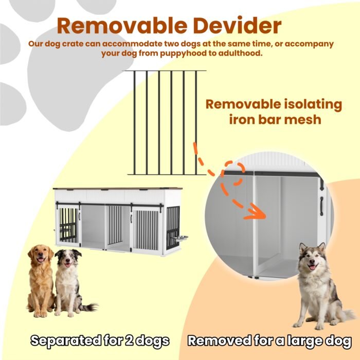 71'' Furniture Style Double Dog Crate  with 3 Fluted Drawers and Waterproof Walnut Woodgrain Tabletop,Large Dog Kennel Furniture with Type-C Power Outlet & Rotating Feeders for Heavy Duty Dogs(White)