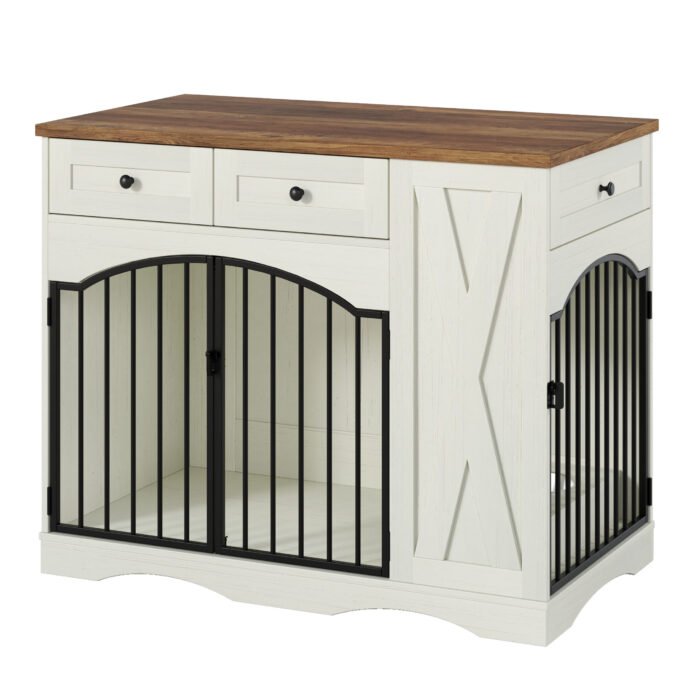 GO 43.3" Farmhouse Dog Crate Furniture, Heavy Duty Dog Crate with 3 Drawers, Indoor Wooden Dog Kennel with Removable Feeder, Dog Cage End Table for  Medium Large Dogs, White