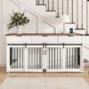 71'' Furniture Style Double Dog Crate  with 3 Fluted Drawers and Waterproof Walnut Woodgrain Tabletop,Large Dog Kennel Furniture with Type-C Power Outlet & Rotating Feeders for Heavy Duty Dogs(White)