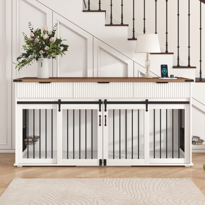 71'' Furniture Style Double Dog Crate  with 3 Fluted Drawers and Waterproof Walnut Woodgrain Tabletop,Large Dog Kennel Furniture with Type-C Power Outlet & Rotating Feeders for Heavy Duty Dogs(White)