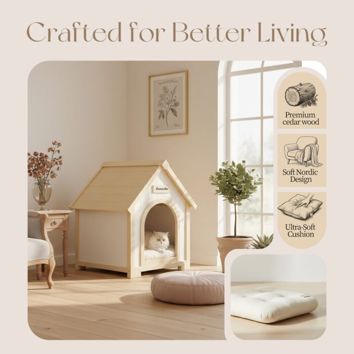 FSC Solid Cedar Pet House – Cream Yellow Cabin Style Indoor Shelter for Small Dogs & Cats