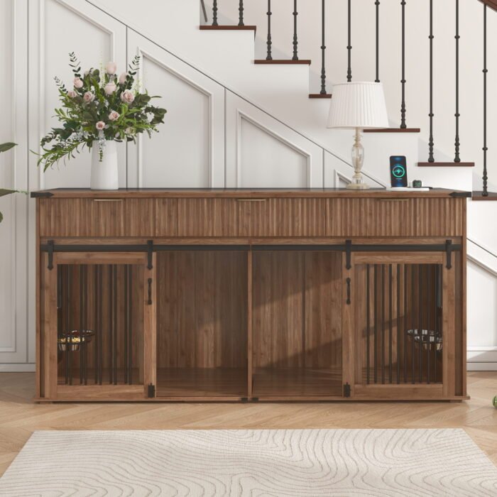 71'' Furniture Style Double Dog Crate  with 3 Fluted Drawers and Waterproof Walnut Woodgrain Tabletop,Large Dog Kennel Furniture with Type-C Power Outlet & Rotating Feeders for Heavy Duty Dogs(White)