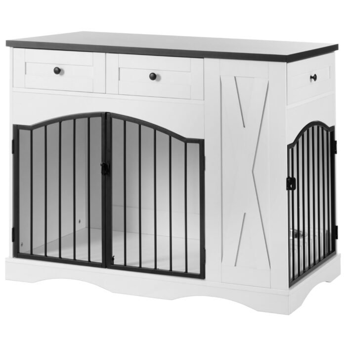 GO 43.3" Farmhouse Dog Crate Furniture, Heavy Duty Dog Crate with 3 Drawers, Indoor Wooden Dog Kennel with Removable Feeder, Dog Cage End Table for  Medium Large Dogs, White