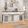 71'' Furniture Style Double Dog Crate  with 3 Fluted Drawers and Waterproof Walnut Woodgrain Tabletop,Large Dog Kennel Furniture with Type-C Power Outlet & Rotating Feeders for Heavy Duty Dogs(White)