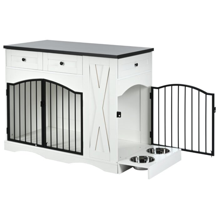 GO 43.3" Farmhouse Dog Crate Furniture, Heavy Duty Dog Crate with 3 Drawers, Indoor Wooden Dog Kennel with Removable Feeder, Dog Cage End Table for  Medium Large Dogs, White