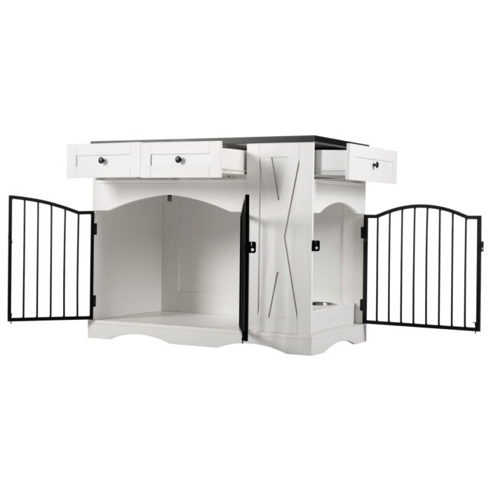 GO 43.3" Farmhouse Dog Crate Furniture, Heavy Duty Dog Crate with 3 Drawers, Indoor Wooden Dog Kennel with Removable Feeder, Dog Cage End Table for  Medium Large Dogs, White