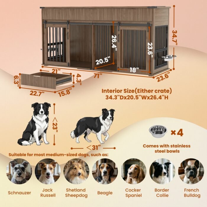 71'' Furniture Style Double Dog Crate  with 3 Fluted Drawers and Waterproof Walnut Woodgrain Tabletop,Large Dog Kennel Furniture with Type-C Power Outlet & Rotating Feeders for Heavy Duty Dogs(White)