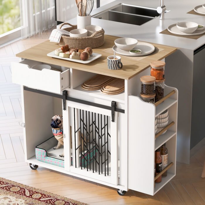 2 IN 1 Modern Dog Crate Kitchen Island With Storage for Small-sized Dogs up to 40lbs, 33.8" L, Cream White Dog Furniture End Table  with Wheels