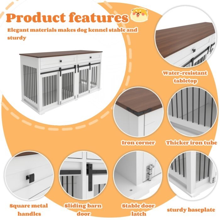 63'' Large Dog Crate Furniture for Double Dog, Wooden Dog Kennel with 2 Drawers,Divider and Sliding Door, Water Resistant Indoor Pets Furniture Style Double Dog Crates