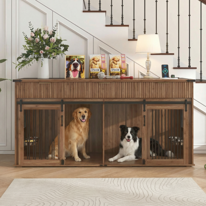 71'' Furniture Style Double Dog Crate  with 3 Fluted Drawers and Waterproof Walnut Woodgrain Tabletop,Large Dog Kennel Furniture with Type-C Power Outlet & Rotating Feeders for Heavy Duty Dogs(White)