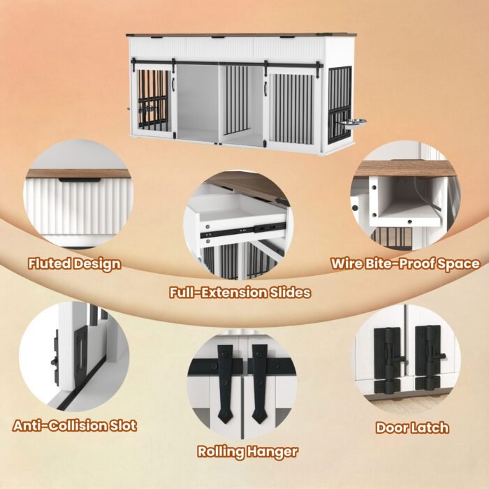 71'' Furniture Style Double Dog Crate  with 3 Fluted Drawers and Waterproof Walnut Woodgrain Tabletop,Large Dog Kennel Furniture with Type-C Power Outlet & Rotating Feeders for Heavy Duty Dogs(White)