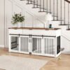 71'' Furniture Style Double Dog Crate  with 3 Fluted Drawers and Waterproof Walnut Woodgrain Tabletop,Large Dog Kennel Furniture with Type-C Power Outlet & Rotating Feeders for Heavy Duty Dogs(White)