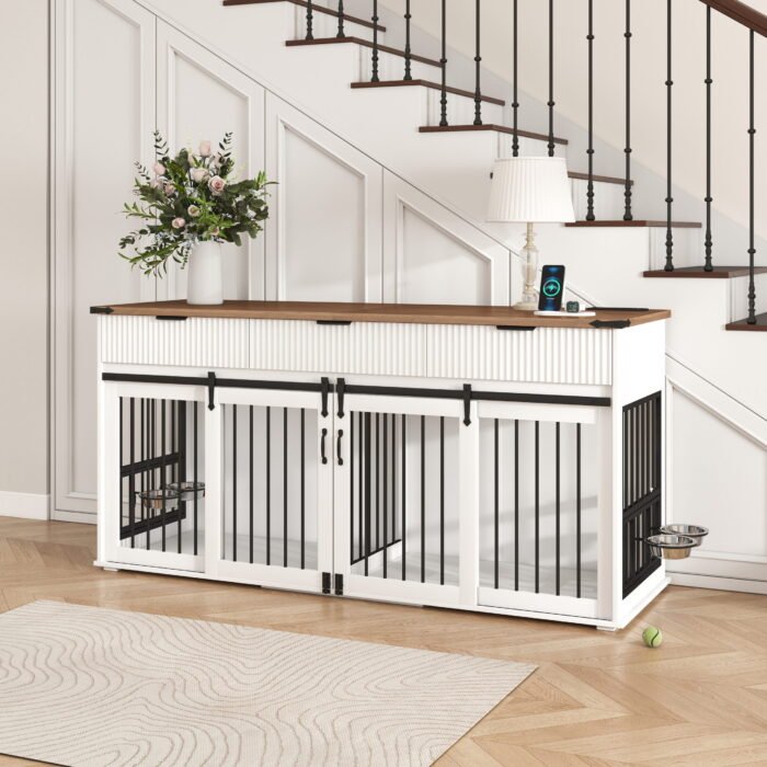71'' Furniture Style Double Dog Crate  with 3 Fluted Drawers and Waterproof Walnut Woodgrain Tabletop,Large Dog Kennel Furniture with Type-C Power Outlet & Rotating Feeders for Heavy Duty Dogs(White)