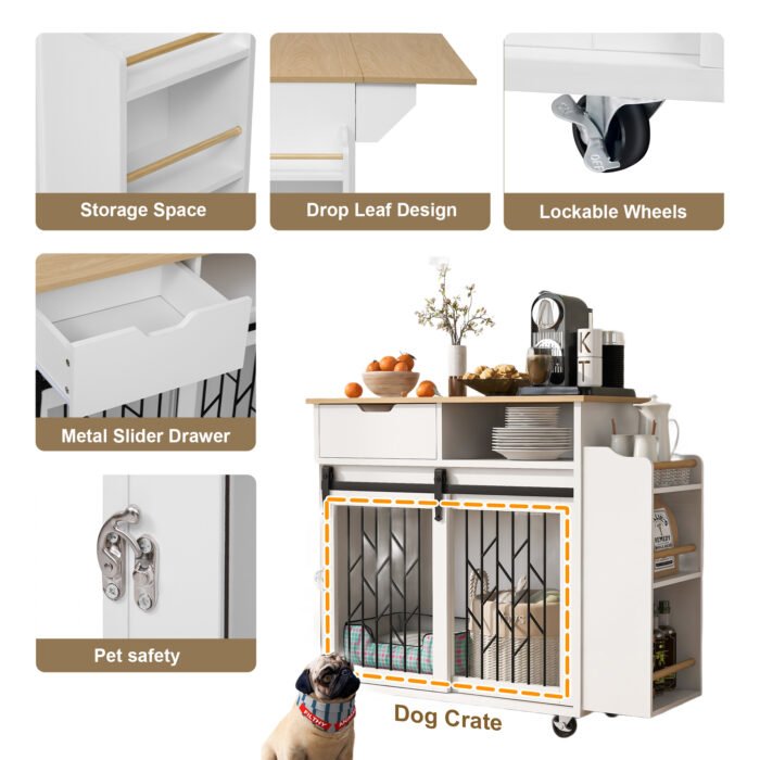 2 IN 1 Modern Dog Crate Kitchen Island With Storage for Small-sized Dogs up to 40lbs, 33.8" L, Cream White Dog Furniture End Table  with Wheels