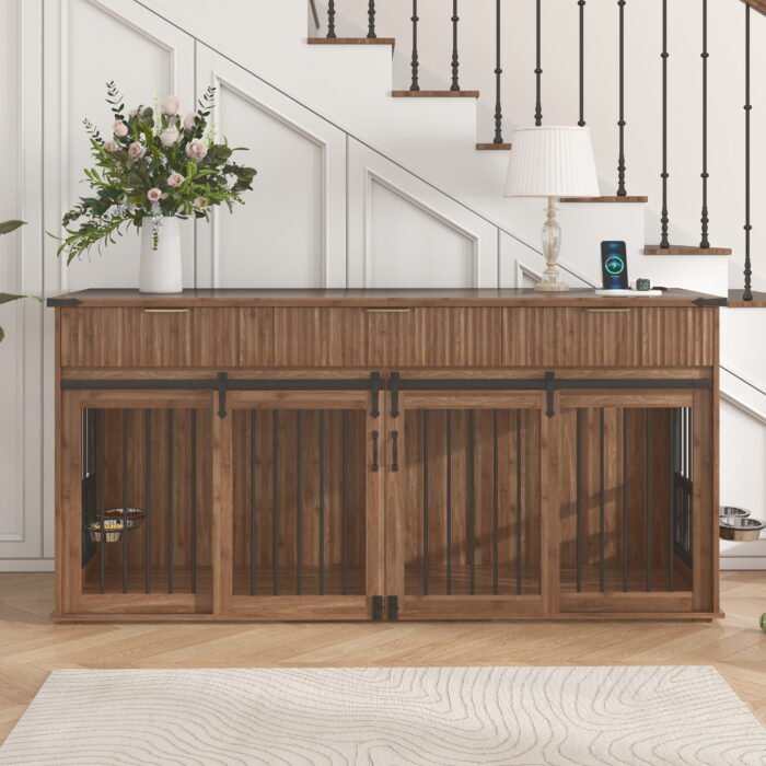 71'' Furniture Style Double Dog Crate  with 3 Fluted Drawers and Waterproof Walnut Woodgrain Tabletop,Large Dog Kennel Furniture with Type-C Power Outlet & Rotating Feeders for Heavy Duty Dogs(White)