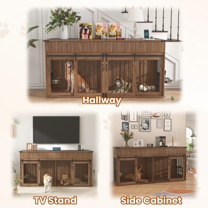 71'' Furniture Style Double Dog Crate  with 3 Fluted Drawers and Waterproof Walnut Woodgrain Tabletop,Large Dog Kennel Furniture with Type-C Power Outlet & Rotating Feeders for Heavy Duty Dogs(White)