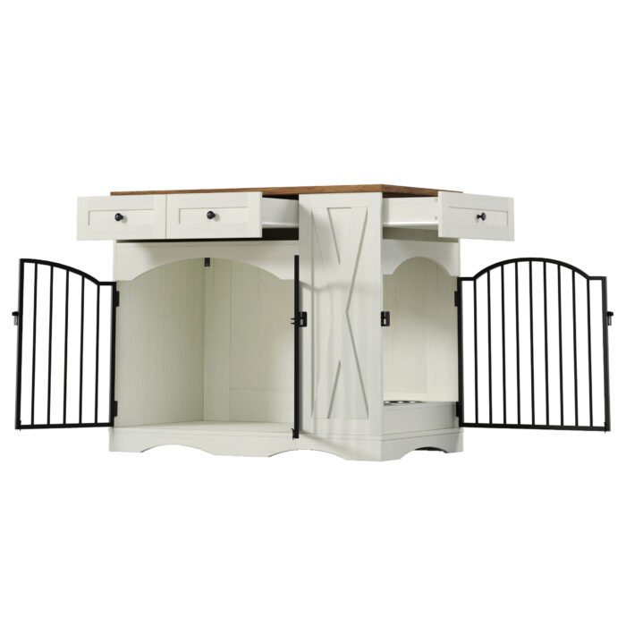 GO 43.3" Farmhouse Dog Crate Furniture, Heavy Duty Dog Crate with 3 Drawers, Indoor Wooden Dog Kennel with Removable Feeder, Dog Cage End Table for  Medium Large Dogs, White