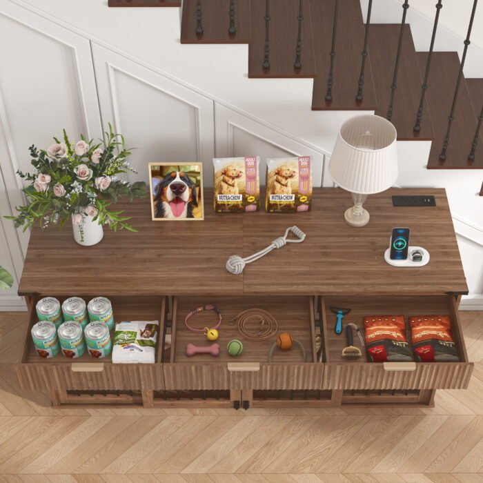 71'' Furniture Style Double Dog Crate  with 3 Fluted Drawers and Waterproof Walnut Woodgrain Tabletop,Large Dog Kennel Furniture with Type-C Power Outlet & Rotating Feeders for Heavy Duty Dogs(White)